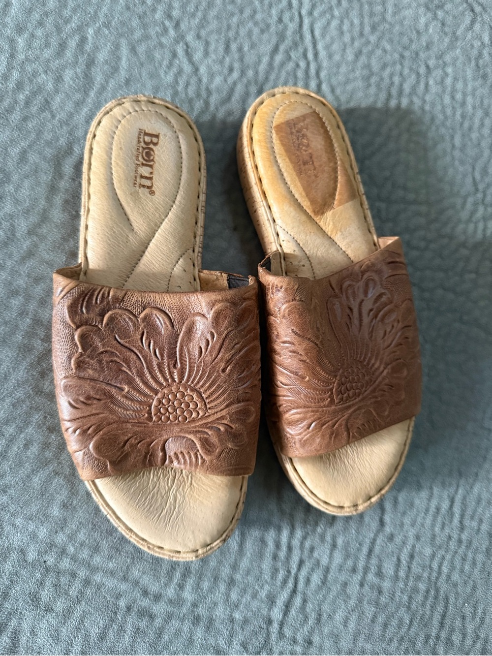Born Brown Leather Embossed Slide Mules